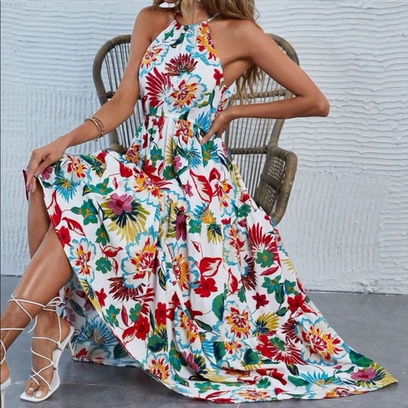 Dresses & Skirts - Boho Bohemian Gypsy White Floral Print Tie Back Dress New